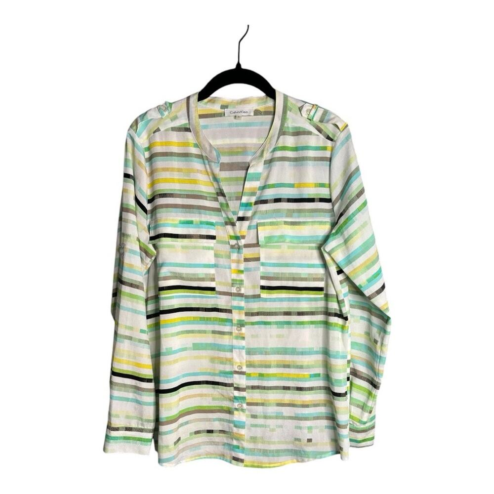 Calvin Klein Blue Yellow Striped Button Front Long Sleeve Blouse Medium